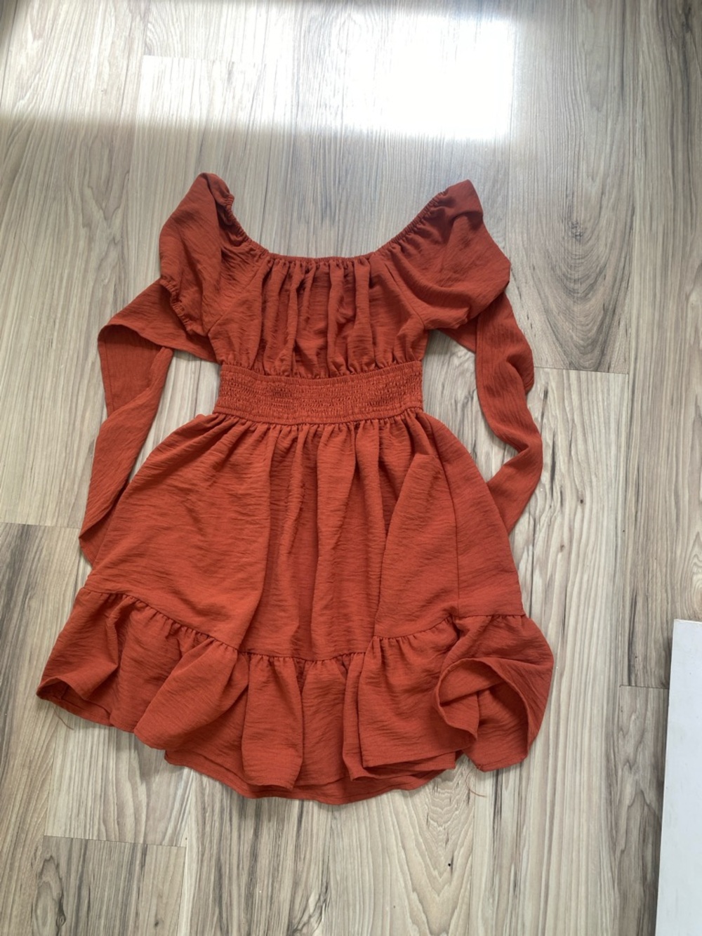 Girls' Rust Orange Ruffled Casual Dress with Smocked Waist